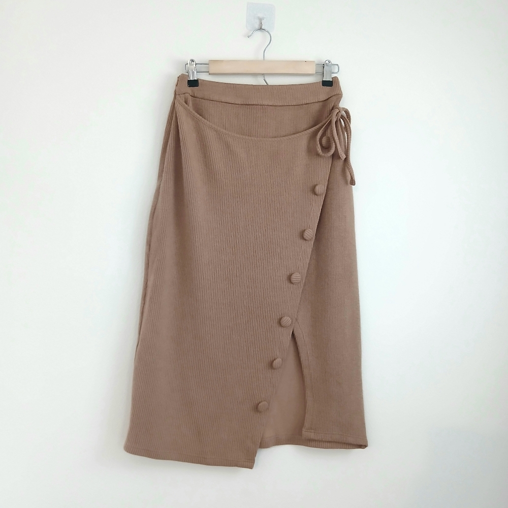 Petite Studio Tan Midi Skirt with Button Detail